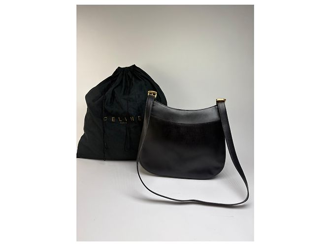 Céline Vintage Celine Schultertasche mit Klappe c. 1995 Black Gold Schwarz - Ansicht 2