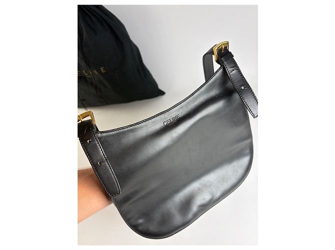 Céline Vintage Celine Schultertasche mit Klappe c. 1995 Black Gold Schwarz - Ansicht 3