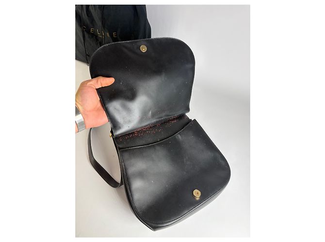 Céline Vintage Celine Schultertasche mit Klappe c. 1995 Black Gold Schwarz - Ansicht 4