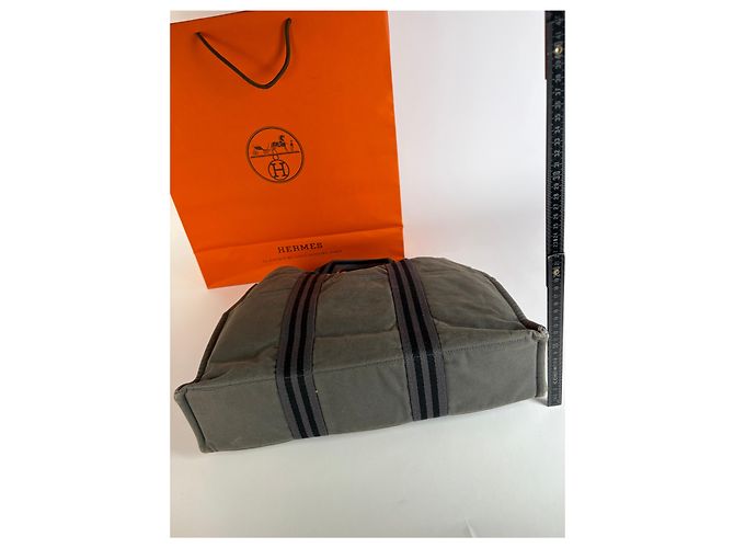 Vintage Hermès Fourre-Tout Canvas Tote Grau Schwarz Gestreift - Ansicht 10