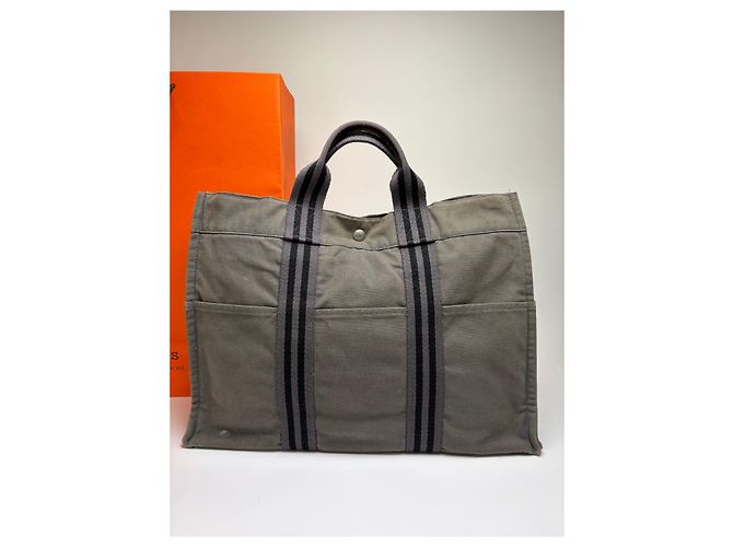 Vintage Hermès Fourre-Tout Canvas Tote Grau Schwarz Gestreift - Ansicht 11