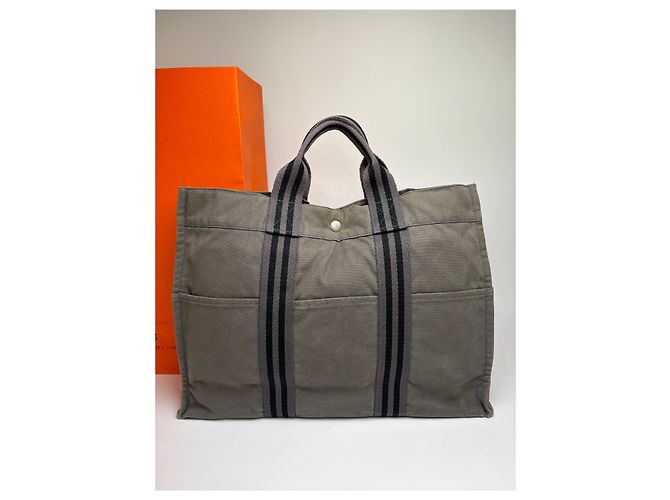 Vintage Hermès Fourre-Tout Canvas Tote Grau Schwarz Gestreift - Ansicht 12
