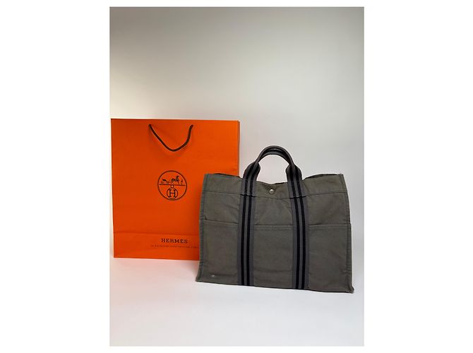 Vintage Hermès Fourre-Tout Canvas Tote Grau Schwarz Gestreift - Ansicht 2