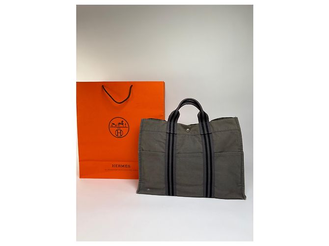 Vintage Hermès Fourre-Tout Canvas Tote Grau Schwarz Gestreift - Ansicht 6