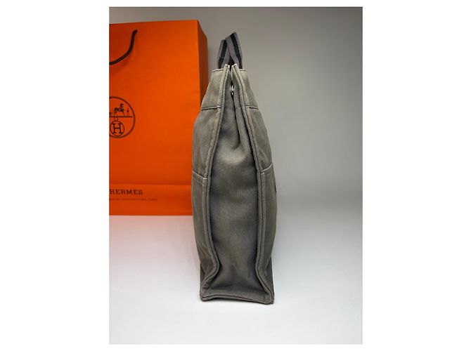 Vintage Hermès Fourre-Tout Canvas Tote Grau Schwarz Gestreift - Ansicht 7