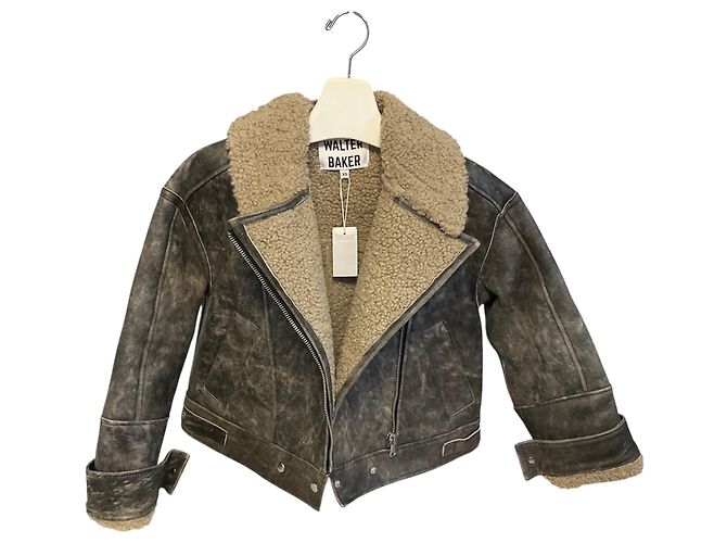 Autre Marque Walter Baker Black Sand / Beige Richie Lederjacke mit Kunstfell-Shearling-Futter Schwarz - Ansicht 6