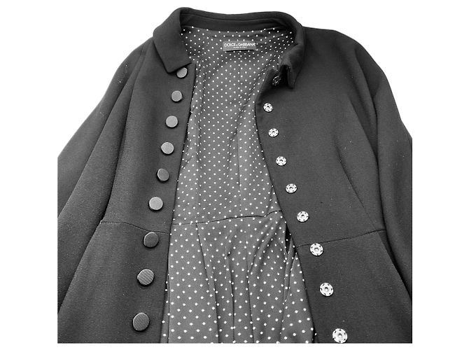 Dolce & Gabbana Black Collared Button Front Crepe Coat with Polka Dot Lining - view 6