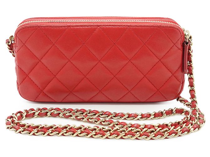 Chanel Portafoglio-borsa a tracolla CC in pelle di agnello con doppia zip Rosso - vista 2