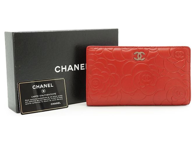Chanel Camellia Geprägtes Lammleder Bifold Long Wallet Rot - Ansicht 15