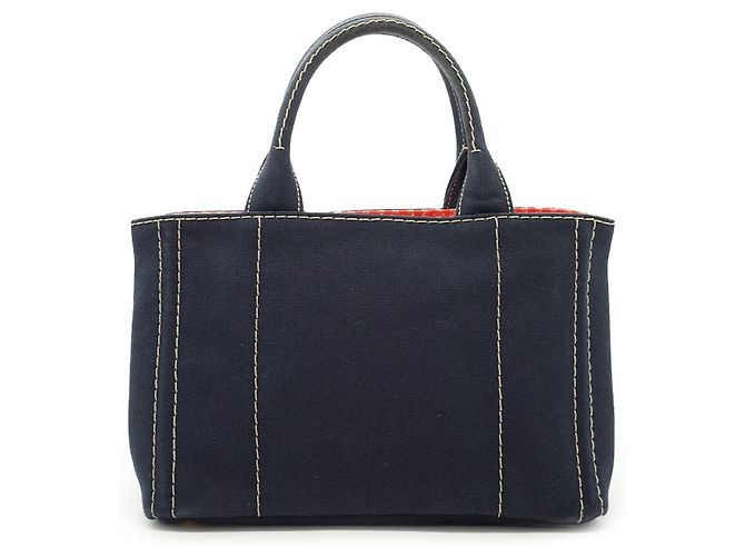 Prada Canapa Tote Baltico em algodão e couro azul marinho Vermelho - vista 2