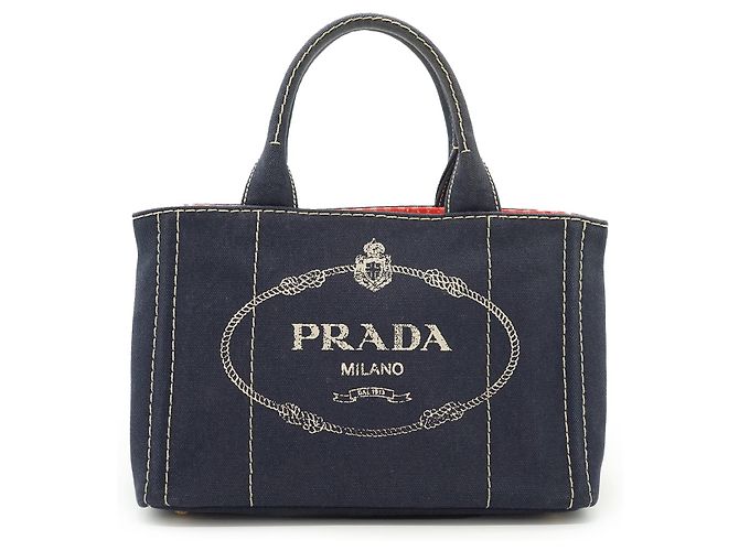 Prada Canapa Tote Baltico em algodão e couro azul marinho Vermelho - vista 3