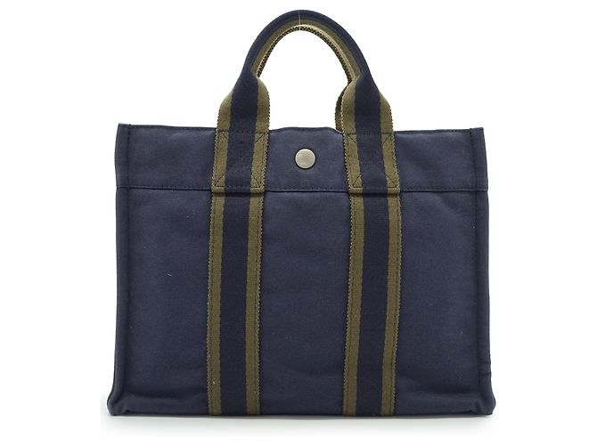 Hermès Fourre-Tout PM Marine Grün Oliv Baumwolle Leder Olivgrün Marineblau - Ansicht 2