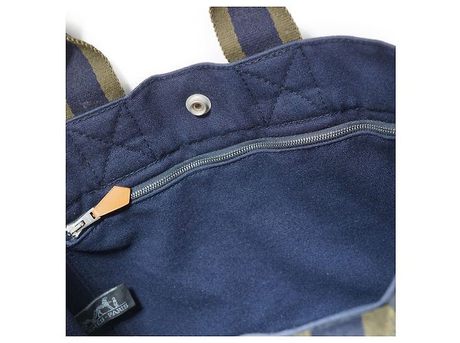 Hermès Fourre-Tout PM Marine Grün Oliv Baumwolle Leder Olivgrün Marineblau - Ansicht 9