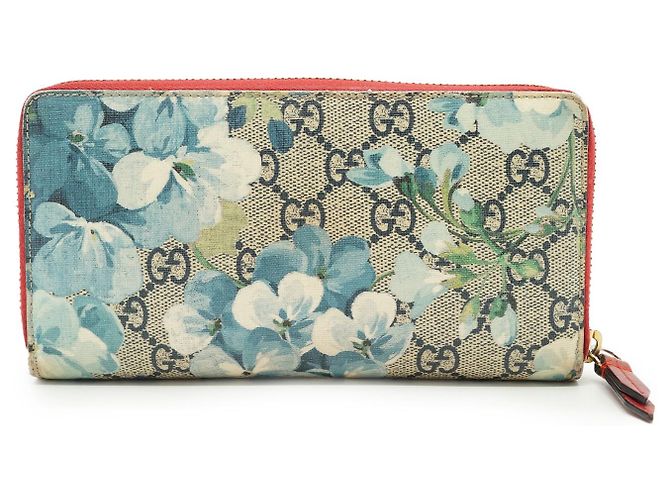 Gucci Portafoglio lungo con zip Blooms in canvas rivestito GG Supreme Rosso Blu Beige - vista 2