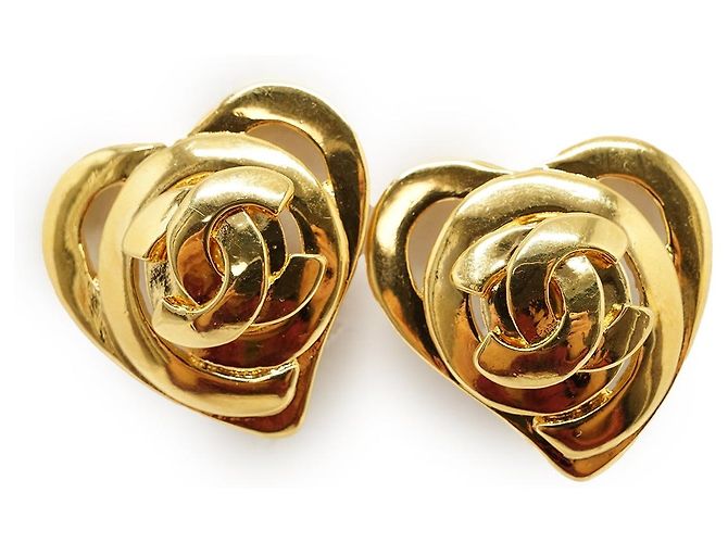 Chanel Boucles d'oreilles clips en forme de cœur CC GP Doré - vue 2