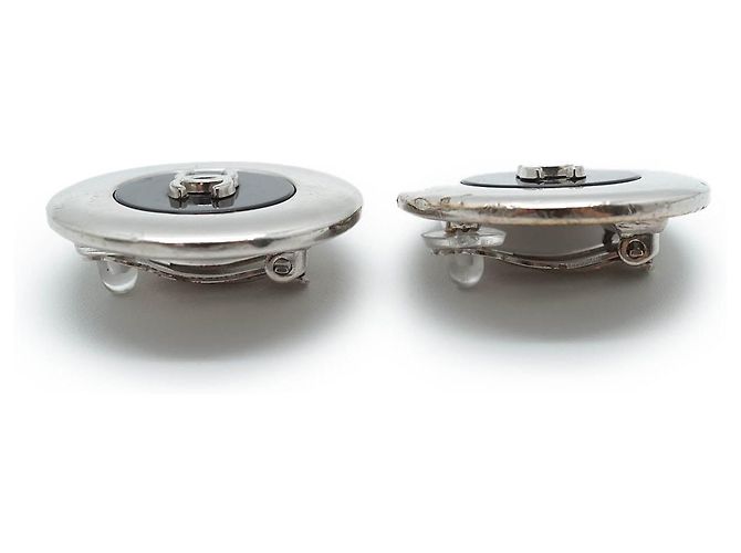 Chanel Bicolor runde Clip-Ohrringe Schwarz Silber - Ansicht 6