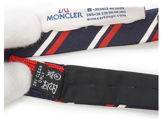 Moncler Gestreifte Krawatte Navy Seide Baumwolle Weiß Rot Marineblau - Ansicht 8