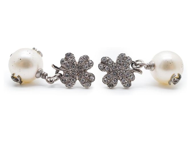 Chanel Brincos de pérolas artificiais e strass de trevo de quatro folhas Prata Branco - vista 3