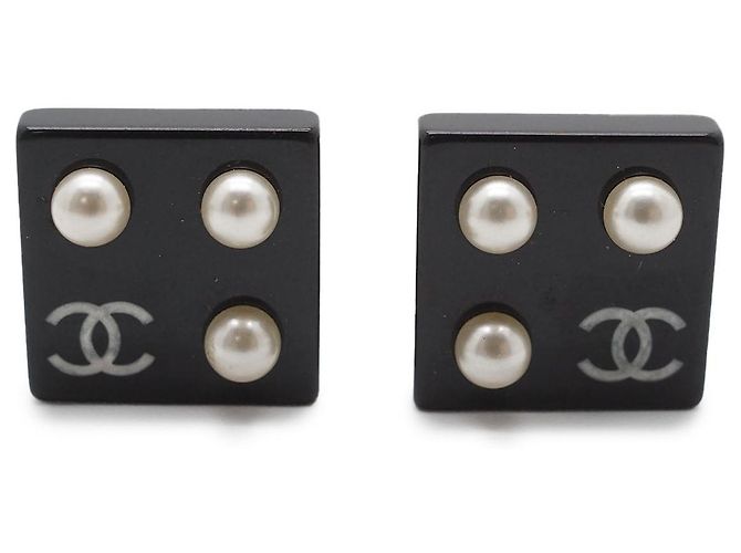Chanel Pendientes de clip cuadrados Coco Mark Pearl Negro Blanco - vista 2