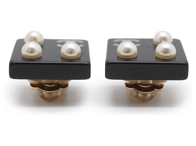 Chanel Pendientes de clip cuadrados Coco Mark Pearl Negro Blanco - vista 6