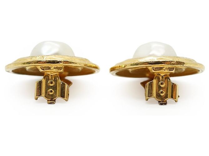 Chanel Clip-On-Ohrringe rund mit Kunstperlen GP Weiß Golden - Ansicht 3