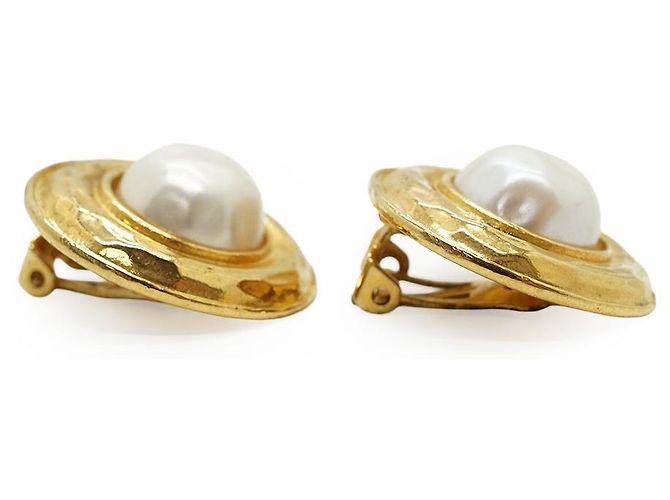 Chanel Clip-On-Ohrringe rund mit Kunstperlen GP Weiß Golden - Ansicht 4