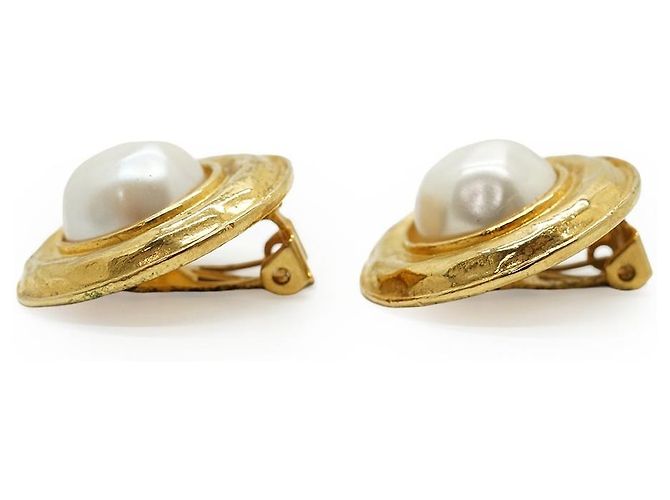 Chanel Clip-On-Ohrringe rund mit Kunstperlen GP Weiß Golden - Ansicht 6