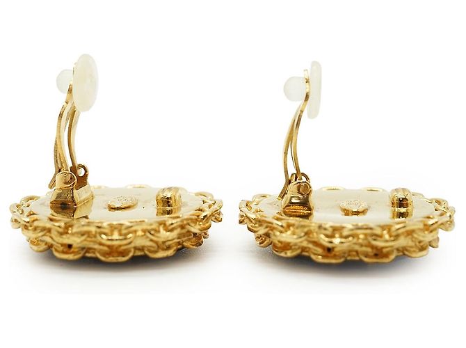 Chanel CC Bicolor große runde Clip-On-Ohrringe mit Kettendetail GP Schwarz Golden - Ansicht 10