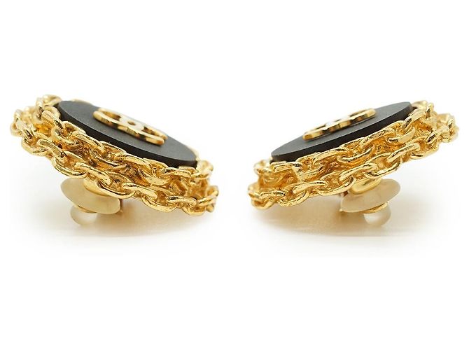 Chanel CC Bicolor große runde Clip-On-Ohrringe mit Kettendetail GP Schwarz Golden - Ansicht 3