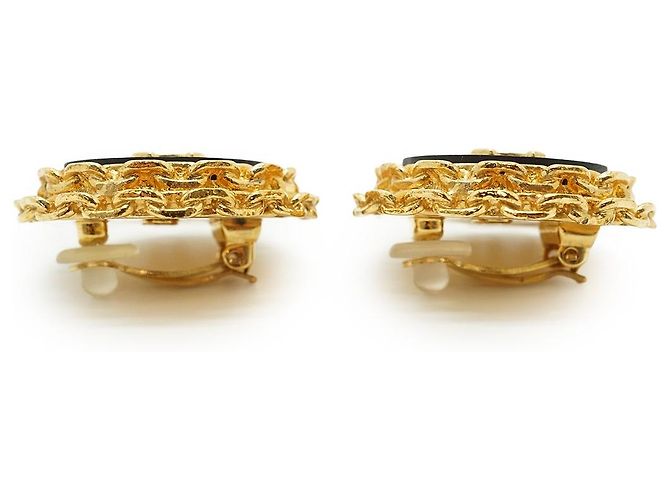 Chanel CC Bicolor große runde Clip-On-Ohrringe mit Kettendetail GP Schwarz Golden - Ansicht 4