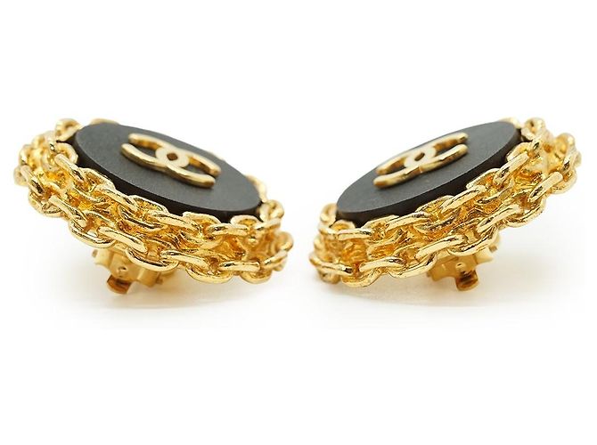Chanel CC Bicolor große runde Clip-On-Ohrringe mit Kettendetail GP Schwarz Golden - Ansicht 5