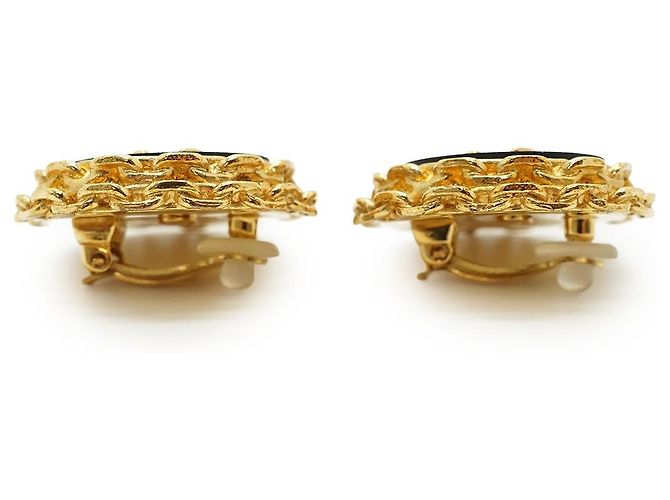Chanel CC Bicolor große runde Clip-On-Ohrringe mit Kettendetail GP Schwarz Golden - Ansicht 6