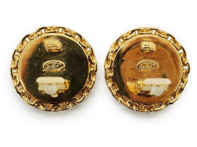 Chanel CC Bicolor große runde Clip-On-Ohrringe mit Kettendetail GP Schwarz Golden - Ansicht 7