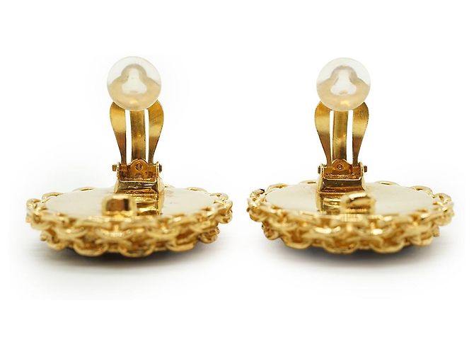 Chanel CC Bicolor große runde Clip-On-Ohrringe mit Kettendetail GP Schwarz Golden - Ansicht 8