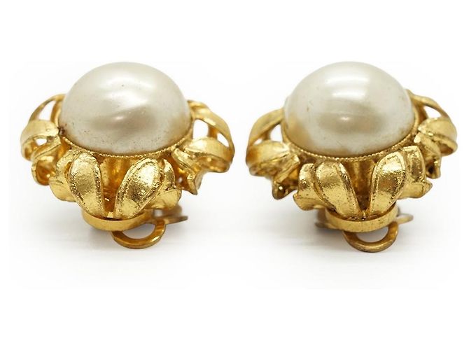 Chanel Brincos de pressão redondos de pérolas artificiais GP Branco Dourado - vista 5