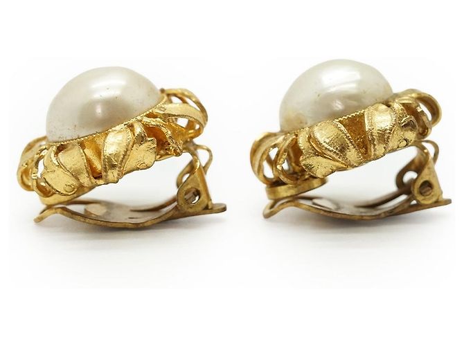 Chanel Brincos de pressão redondos de pérolas artificiais GP Branco Dourado - vista 6