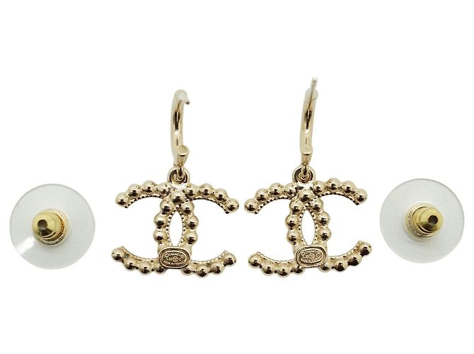 Chanel CC Beaded Small Hoop Drop Earrings Golden - view 2
