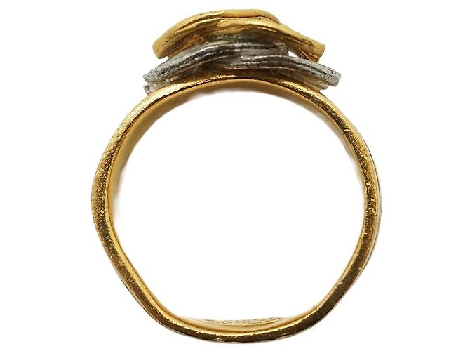 Chanel Vintage Double CC Gold Silver Textured Ring Silvery Golden - view 10