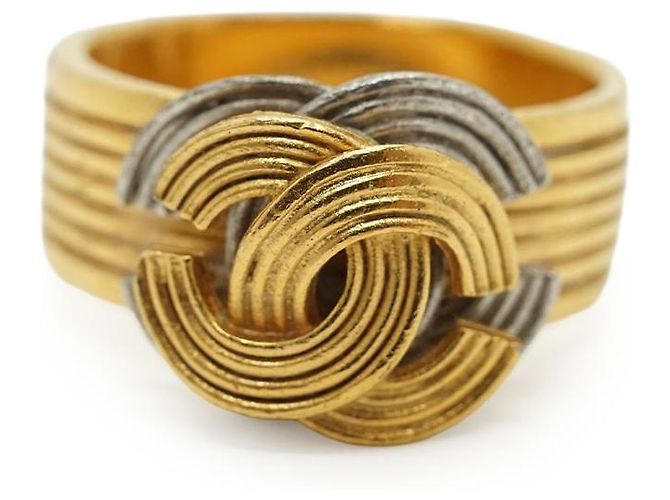 Chanel Vintage Double CC Gold Silver Textured Ring Silvery Golden - view 2