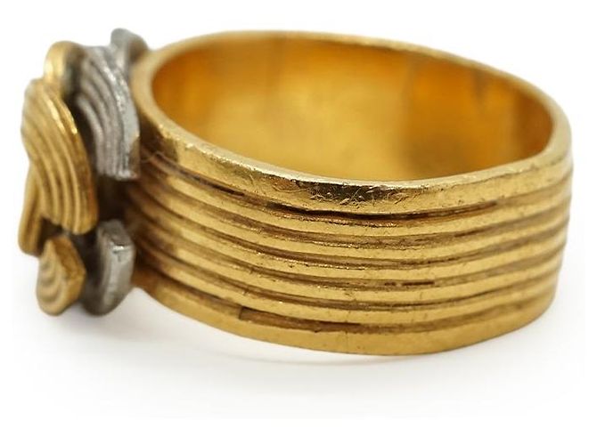 Chanel Vintage Double CC Gold Silver Textured Ring Silvery Golden - view 3