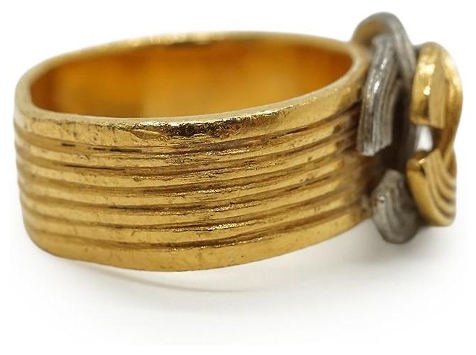 Chanel Vintage Double CC Gold Silver Textured Ring Silvery Golden - view 5