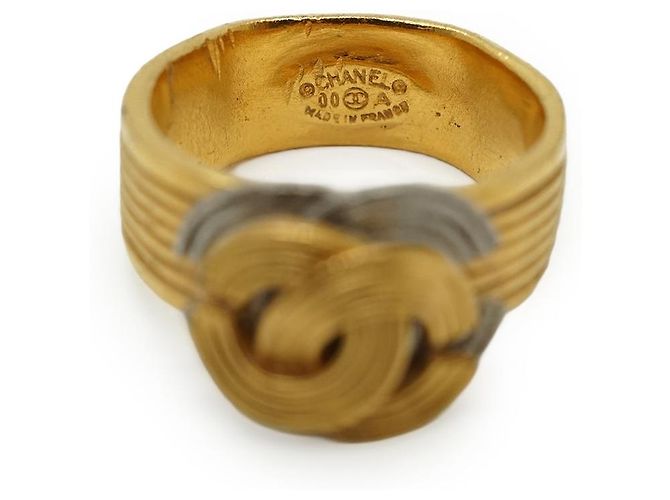 Chanel Vintage Double CC Gold Silver Textured Ring Silvery Golden - view 6