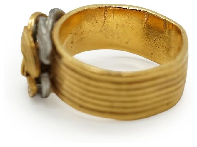 Chanel Vintage Double CC Gold Silver Textured Ring Silvery Golden - view 7