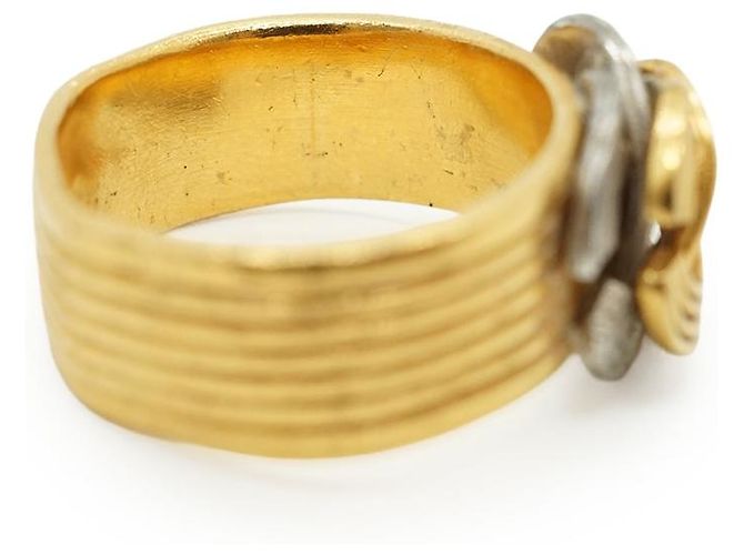 Chanel Vintage Double CC Gold Silver Textured Ring Silvery Golden - view 9