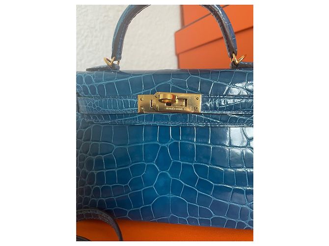 Hermès Kelly Mini II Alligator Mississippi Blu - vista 3
