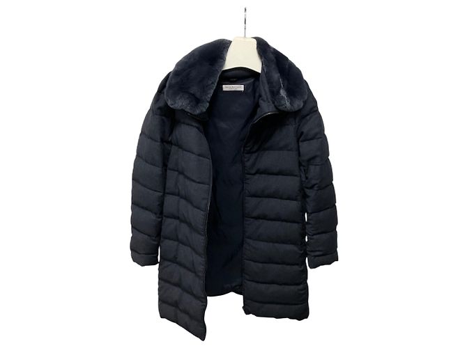 Autre Marque Abrigo acolchado Amina Rubinacci azul de lana con cremallera frontal y cuello de piel - vista 7