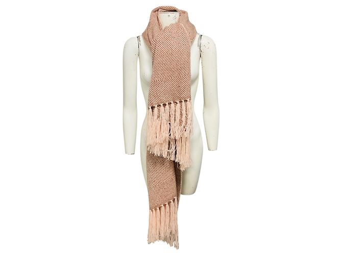 Loro Piana Sciarpa lunga in baby cashmere con motivo a spina di pesce e frange, rosa chiaro - vista 3