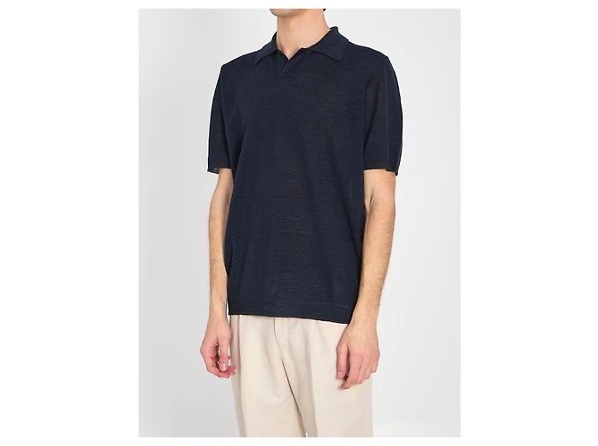 Polo Roberto Collina in piqué di lino blu navy - vista 2