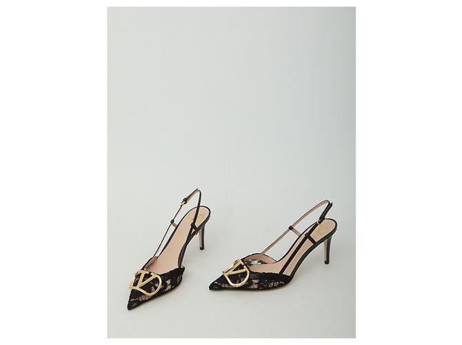 Valentino Garavani Décolleté slingback VLogo Signature in pizzo Nero - vista 5