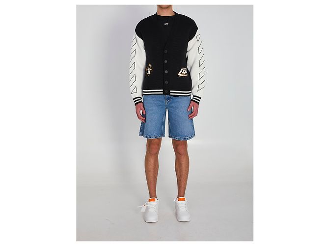 Cardigã Varsity Off White Preto Algodão - vista 5
